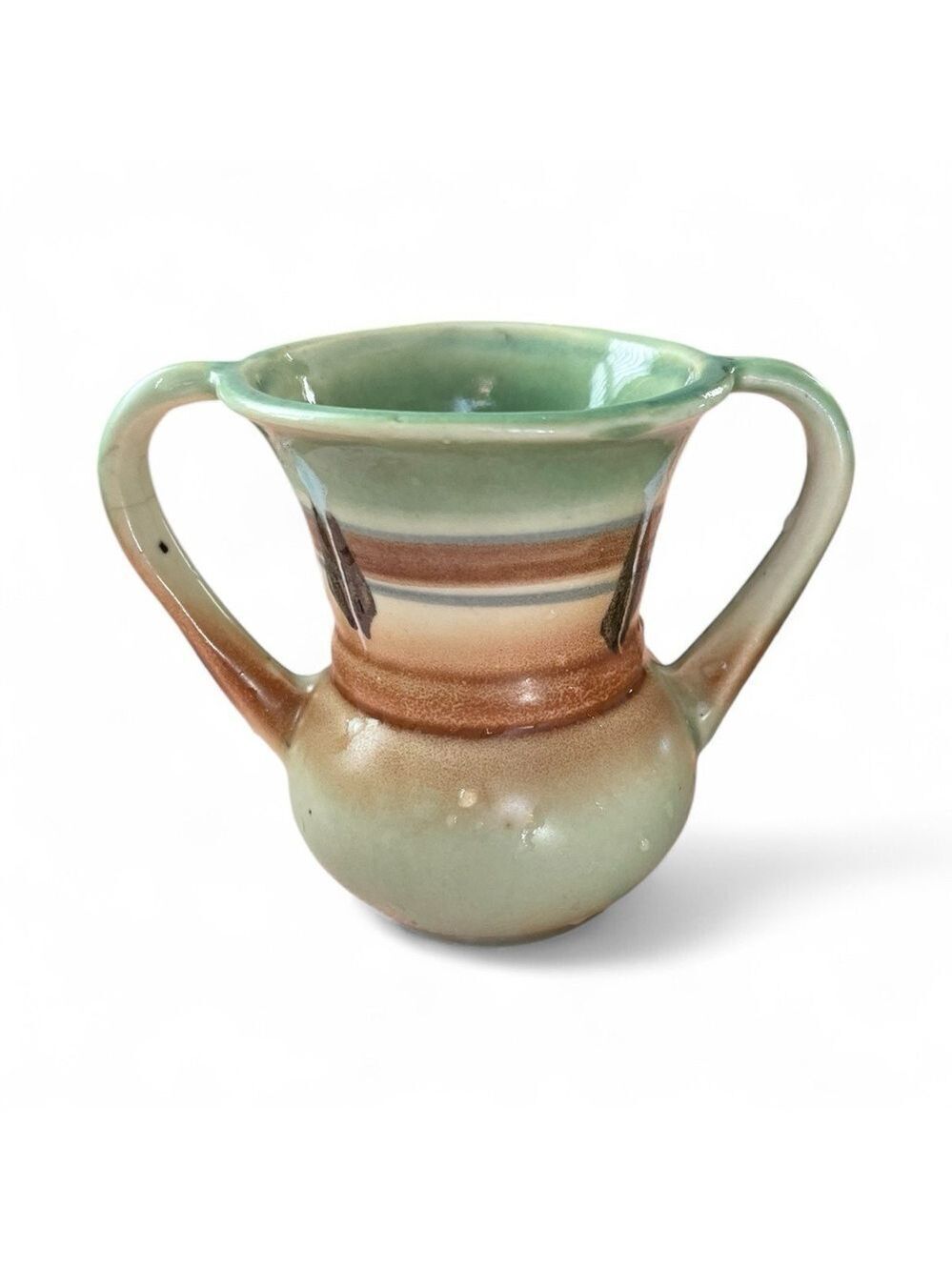 Art Deco Style Ceramic Vase Two Handles, Green & Brown.